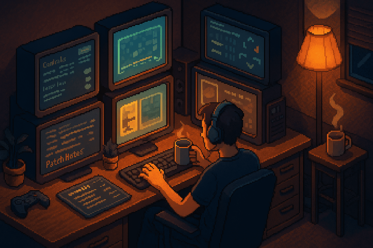 Individual seated at a desk with multiple monitors, wearing headphones and focused on the screen.