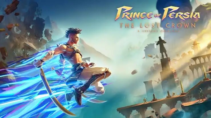 The video game hero Sargon leaps forward amidst swirling blue energy beneath ancient ruins.