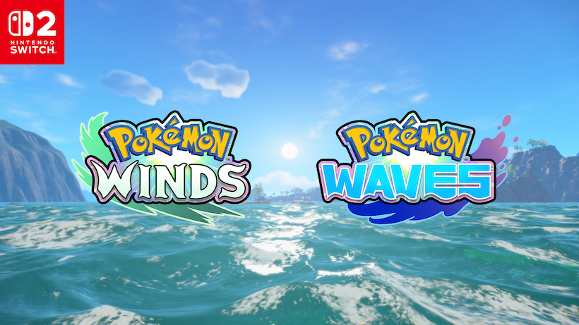 The titles Pokémon Winds and Pokémon Waves appear over a sunny ocean scene with a Nintendo Switch logo.