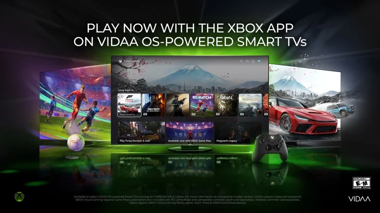 Promotional graphic advertising the Xbox app on Vidaa OS smart TVs with a controller and games displayed.