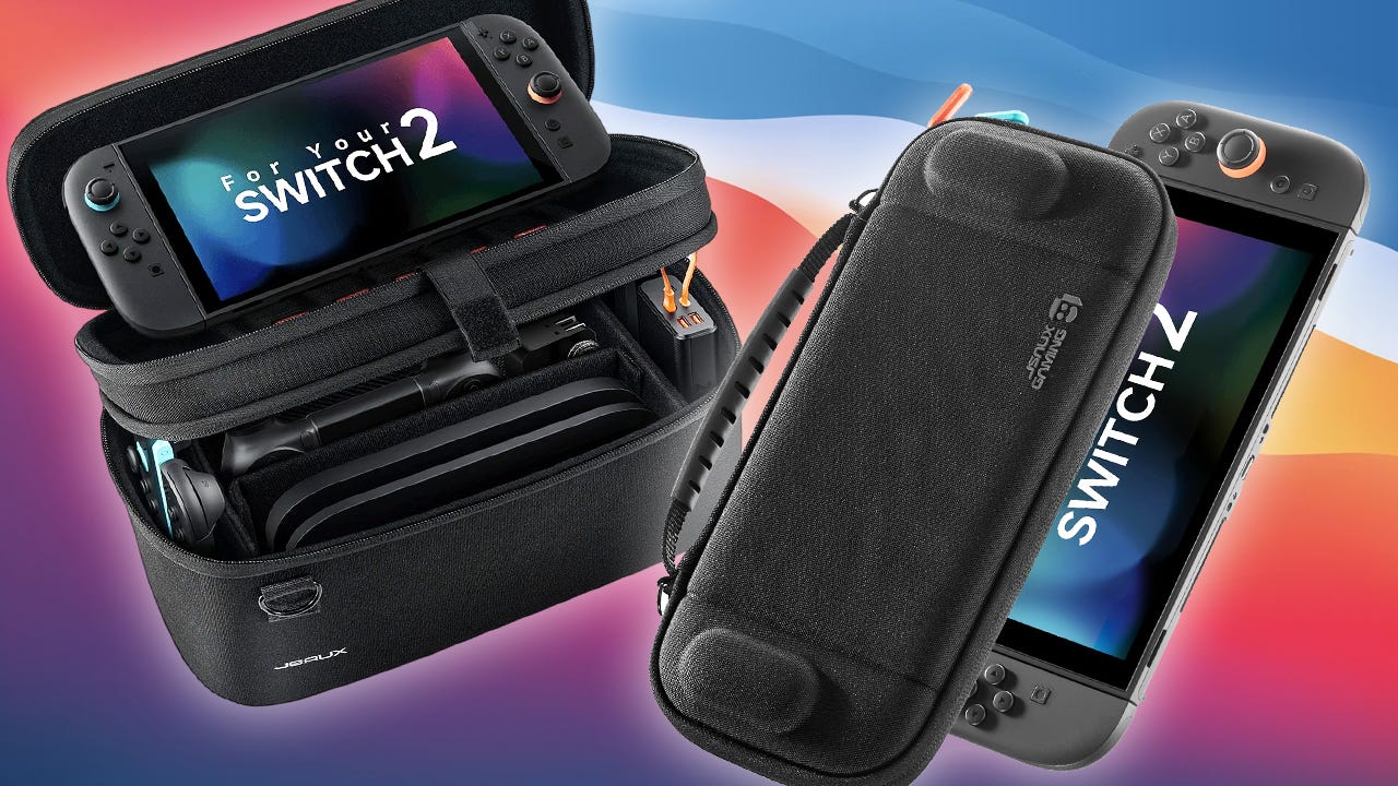 Two black JSAUX carrying cases designed for the Nintendo Switch 2 are displayed against a colorful background.