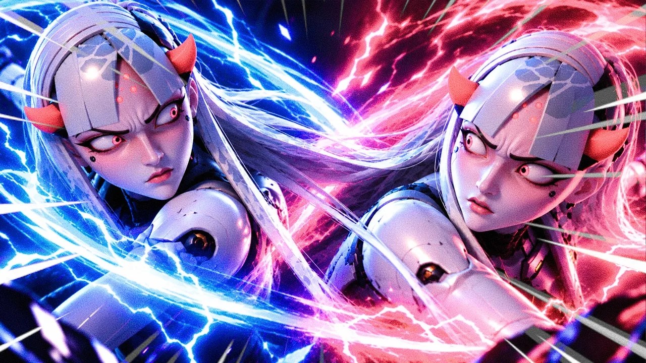 Two identical cybernetic female warriors with glowing red eyes face each other amid crackling energy.