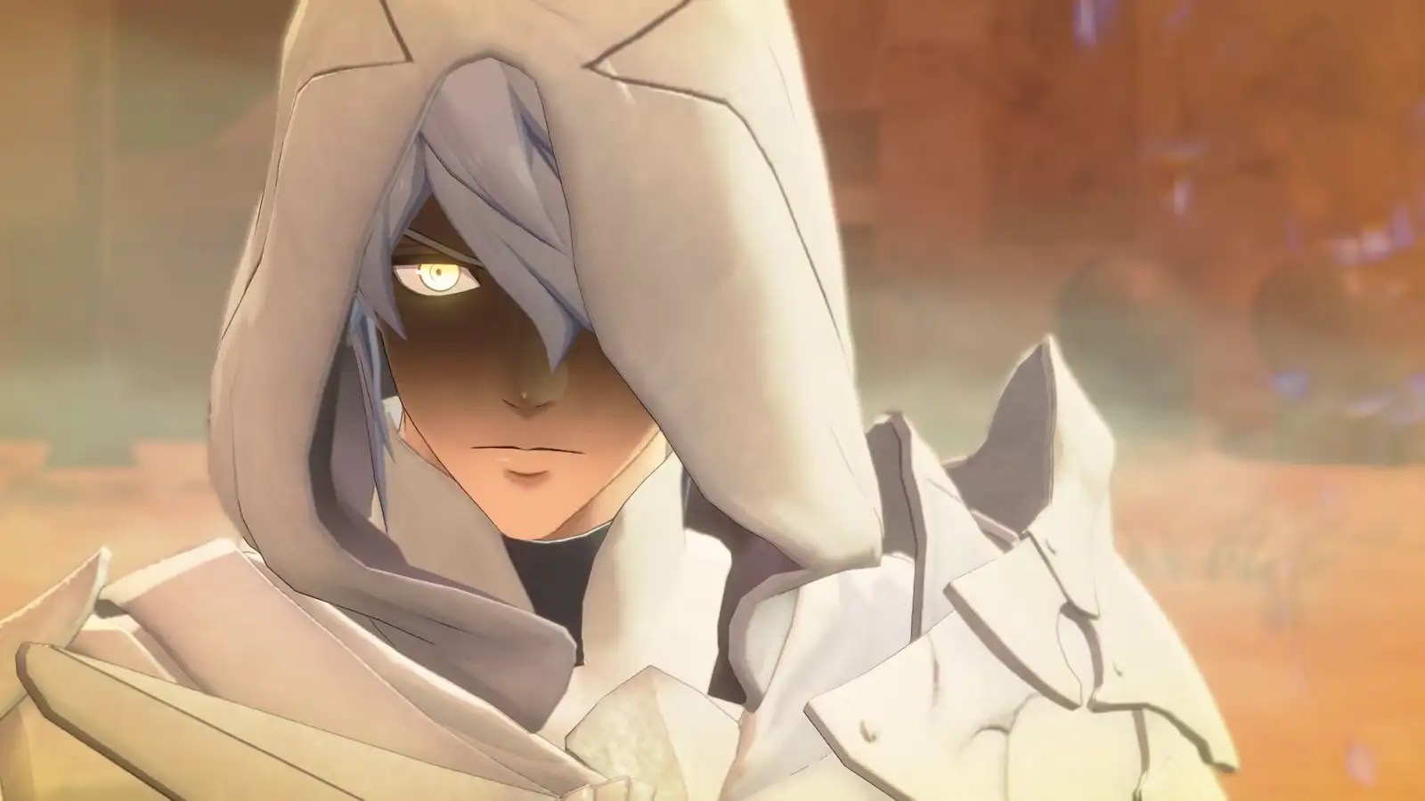 A hooded anime warrior with glowing yellow eyes glares intensely against a warm, hazy background.