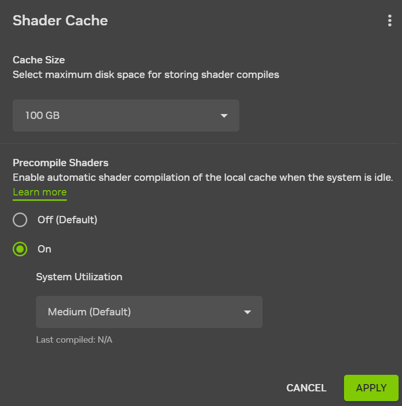 NVIDIA app Shader Cache settings with Auto Shader Compilation and Compile Now options