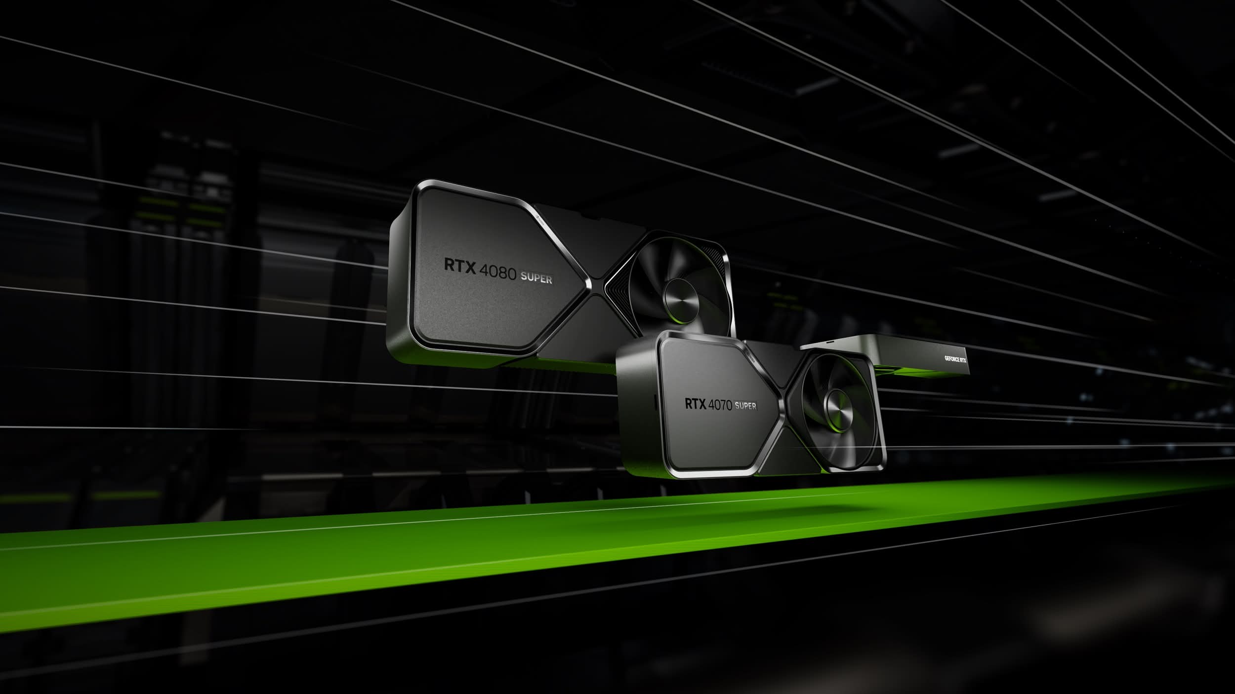 Two NVIDIA RTX graphics cards, including a 4080 Super and 4070 Super, displayed in a futuristic setting with green lighting at CES 2024.