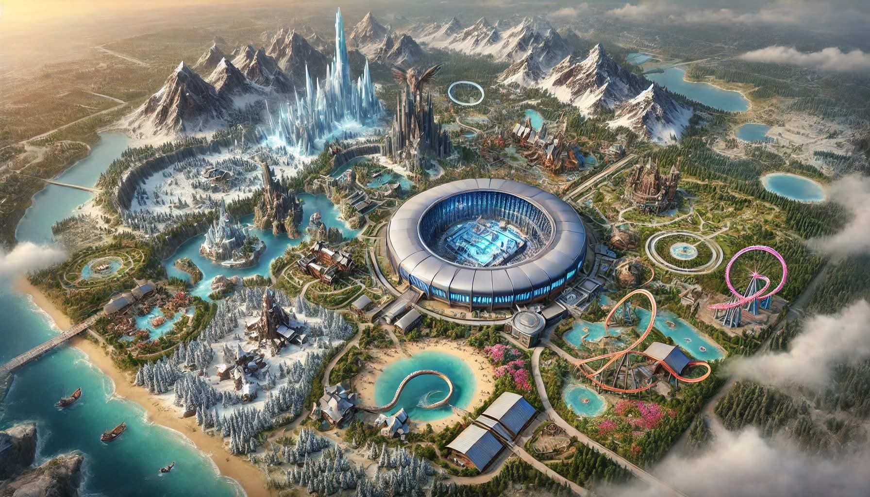 Fantasy concept art of a large Pokémon theme park with snowy mountains, roller coasters, and futuristic stadiums