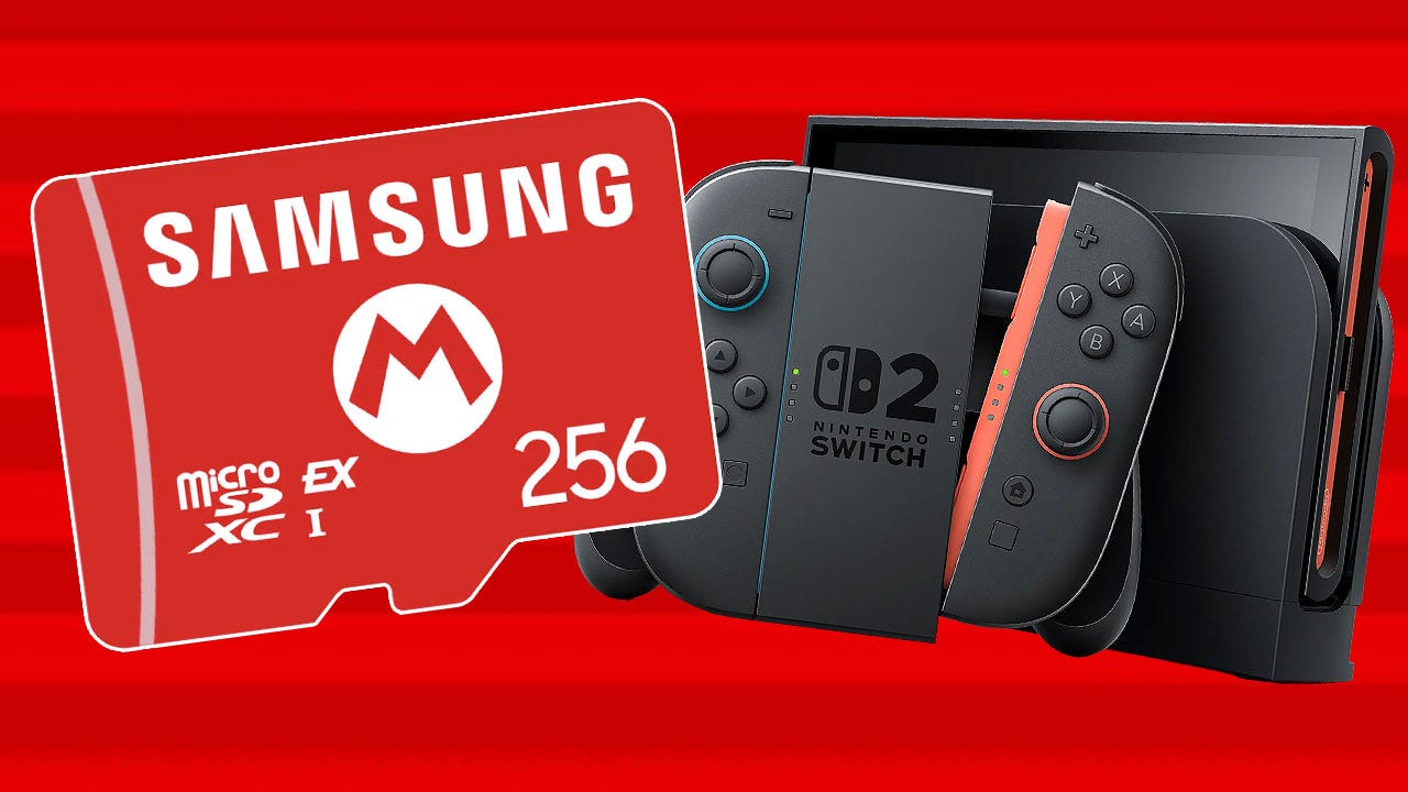 A red Samsung 256 gigabyte memory card is displayed next to a Nintendo Switch console on a red background.