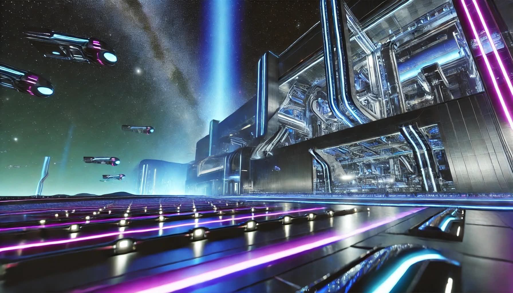 Surreal rendering of a futuristic AI factory or complex in space with glowing purple and blue lights and abstract structures.