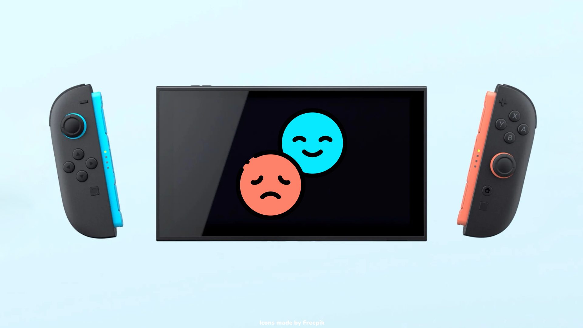 Nintendo Switch console with blue and red Joy-Cons and sad/happy face icons on screen, referencing Joy-Con drift issues