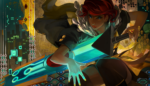 Red holds the glowing Transistor sword in official Supergiant Games concept artwork
