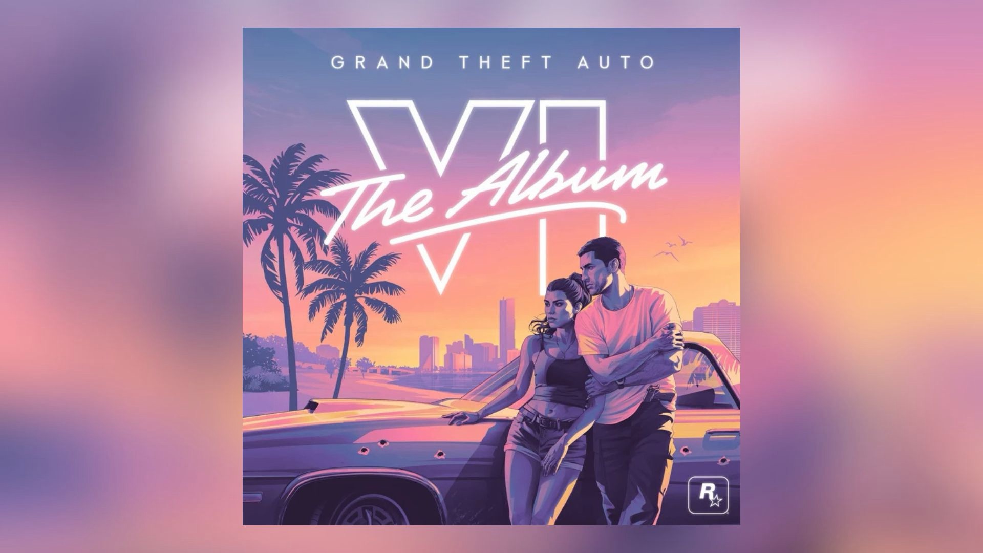 Promotional artwork for Grand Theft Auto VI: The Album, featuring two characters leaning against a car.