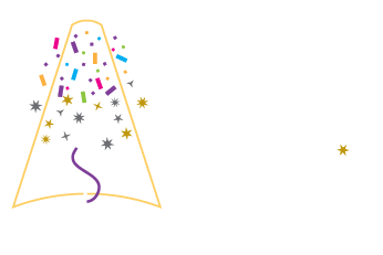 An illustration of a microphone on a stand under a spotlight with colorful confetti and sparkles, next to the words Eventual Magic in elegant script.