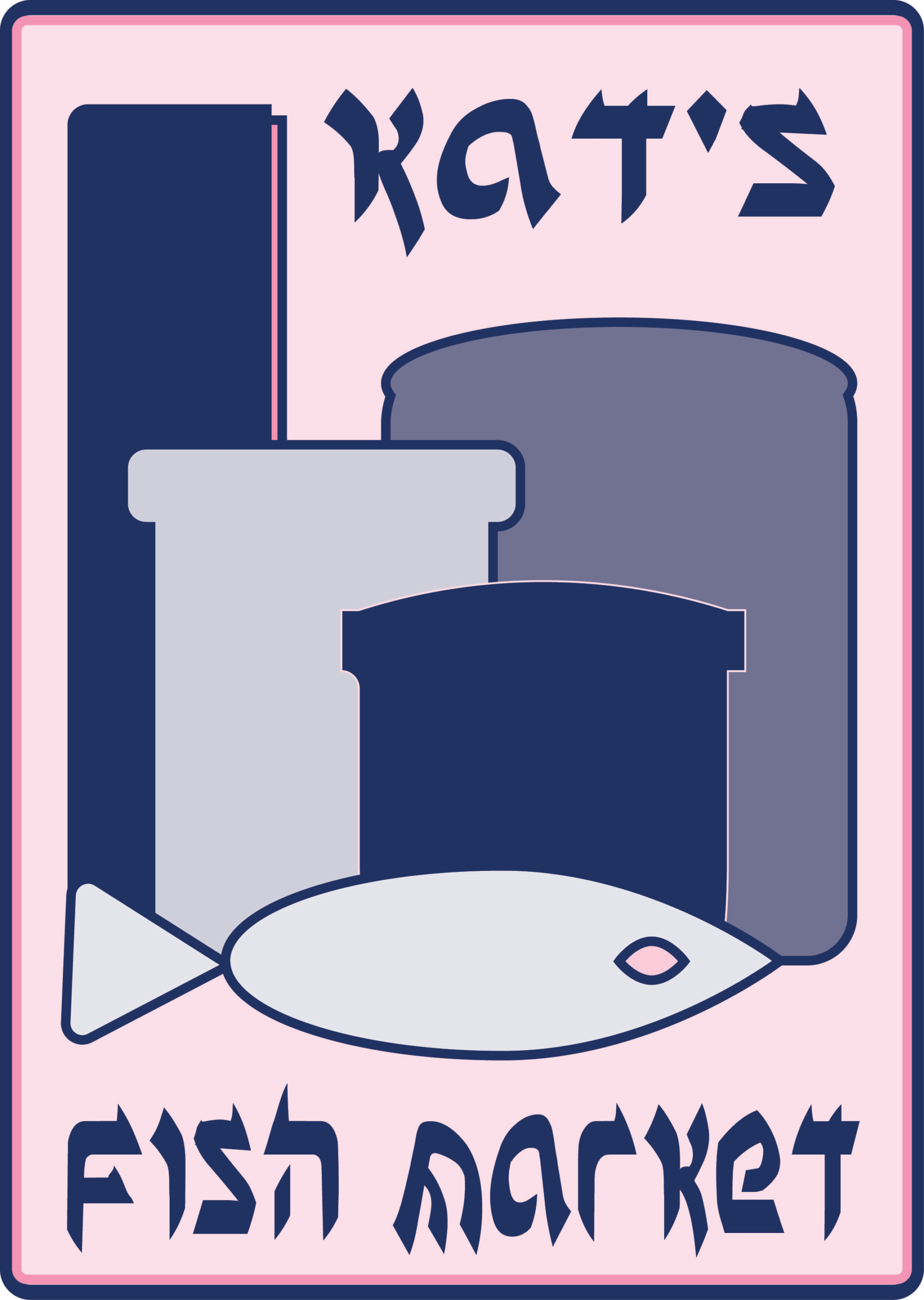 Kat's fish market logo, features a fish and several packages