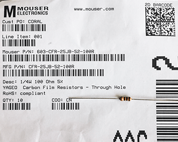 Receipt for a purchase from Mouser Electronics, featuring carbon film resistors, including details such as part numbers and quantity.