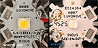 Top view comparison of two LED light components, one labeled 'White LED' and the other 'Blue LED,' showcasing their different color chips and design features.