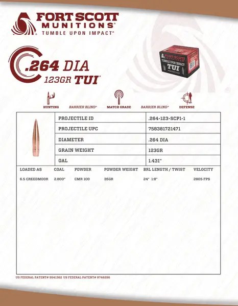 Fort Scott Munitions .264 123 Gr TUI Copper Projectiles - Image 2
