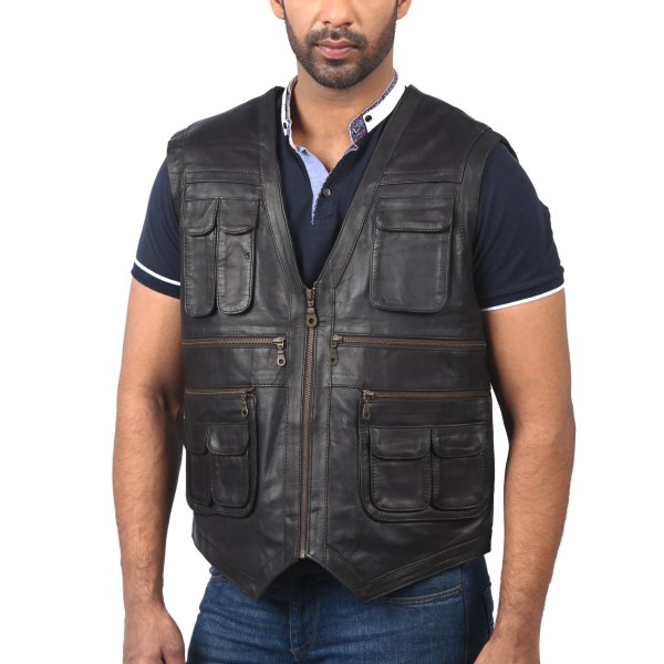 Men’s Black Leather Utility Vest