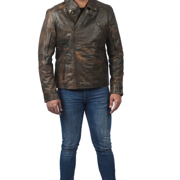 Men’s Distressed Brown Leather Biker Jacket