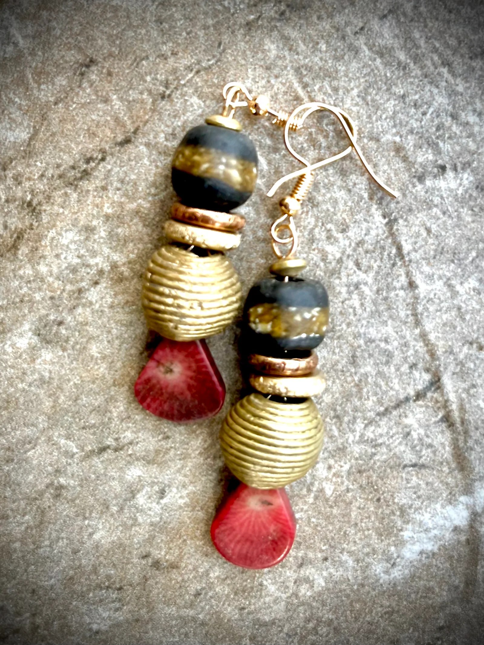 Red Coral Earrings Tribal African Brass Petra di Monte