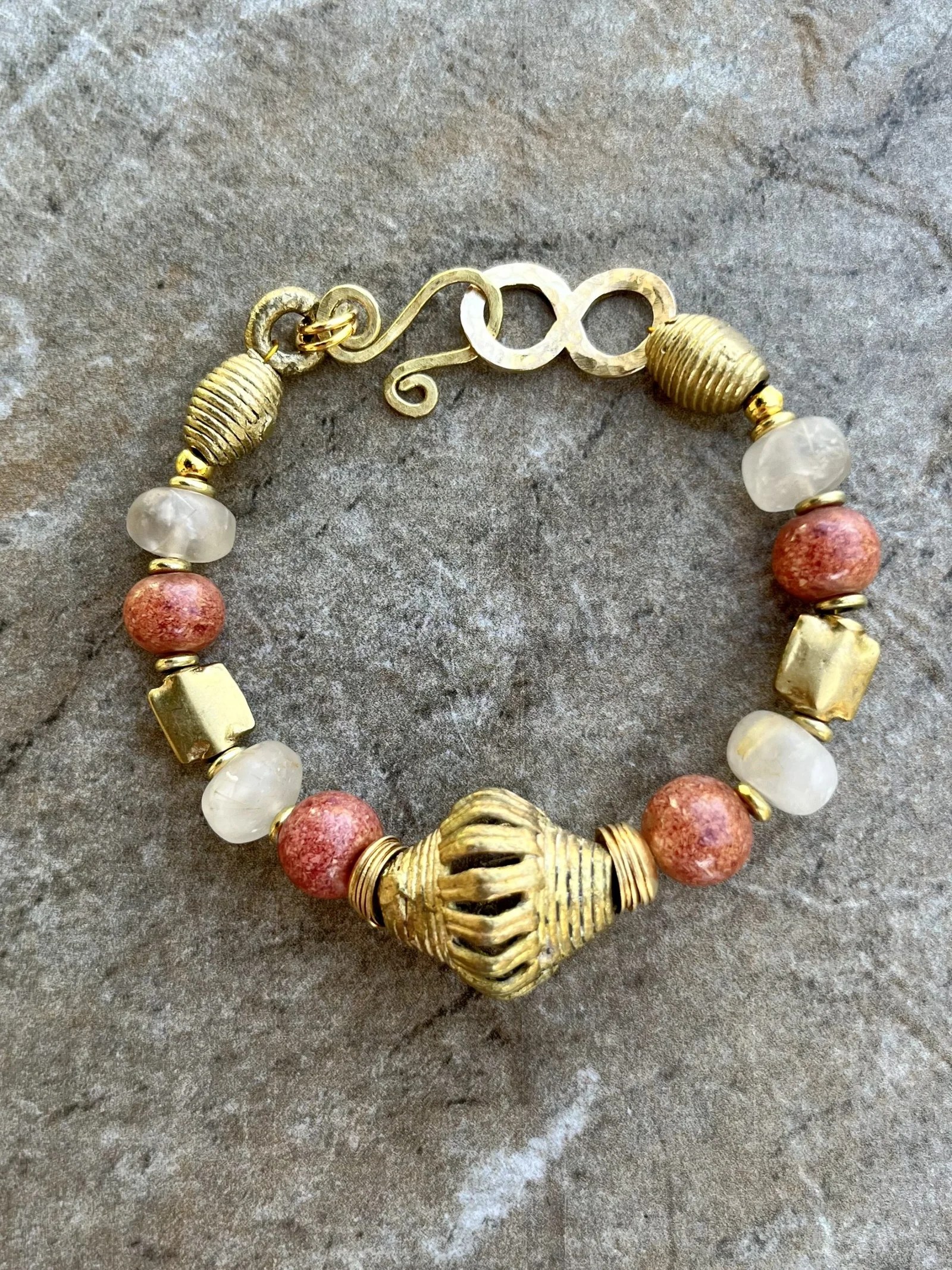 Coral and Rutilated Quartz Boho chic Bracelet Petra di Monte