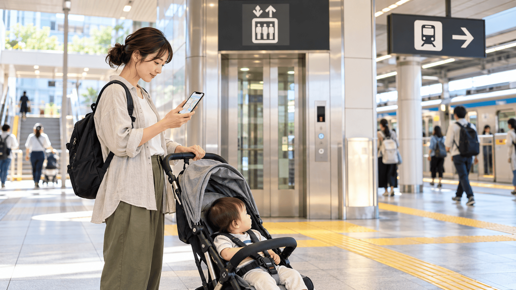 スマートフォンで駅構内図を確認する、ベビーカー連れの旅行者