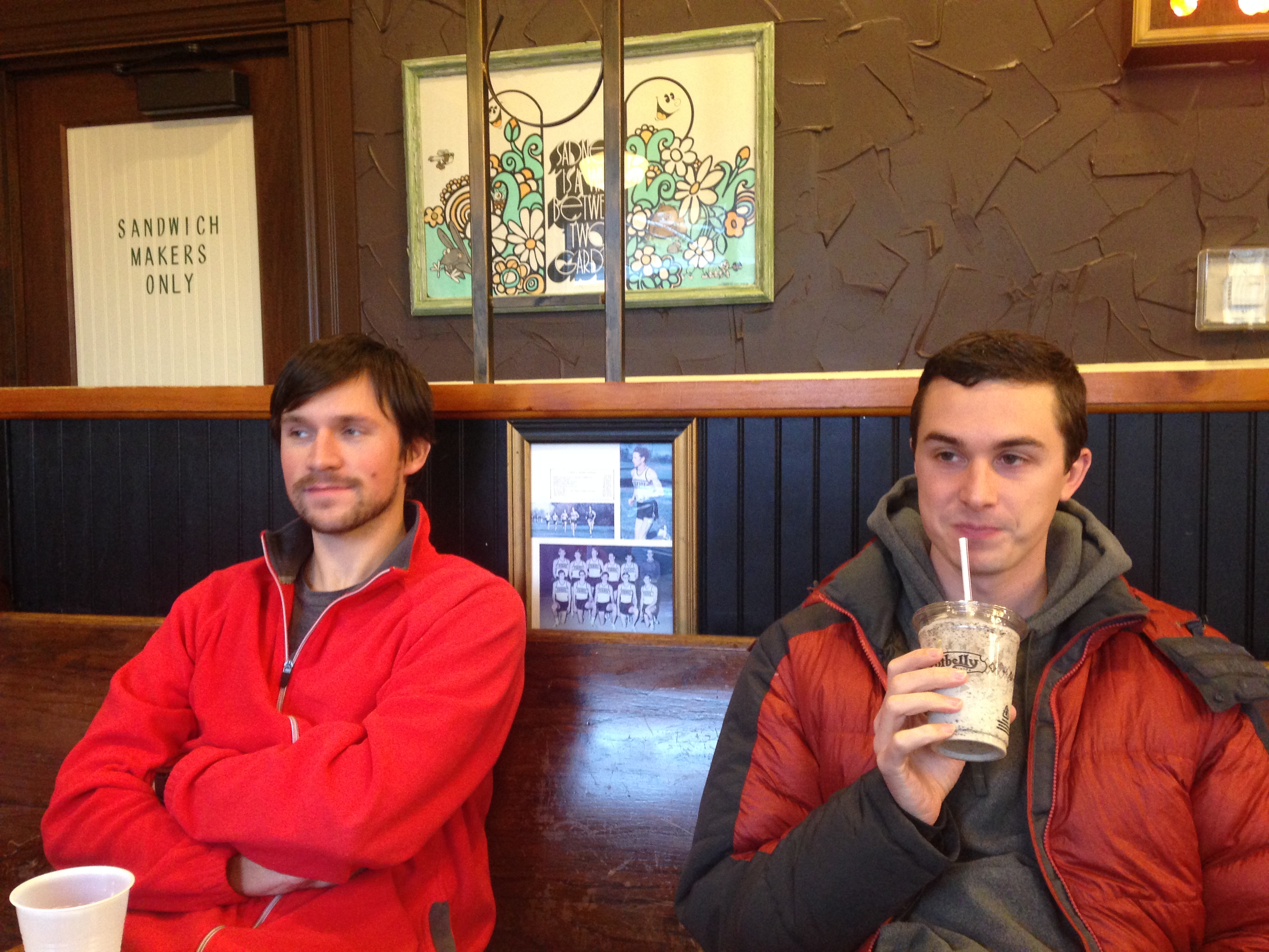 Contemplating milkshakes and sandwiches.
