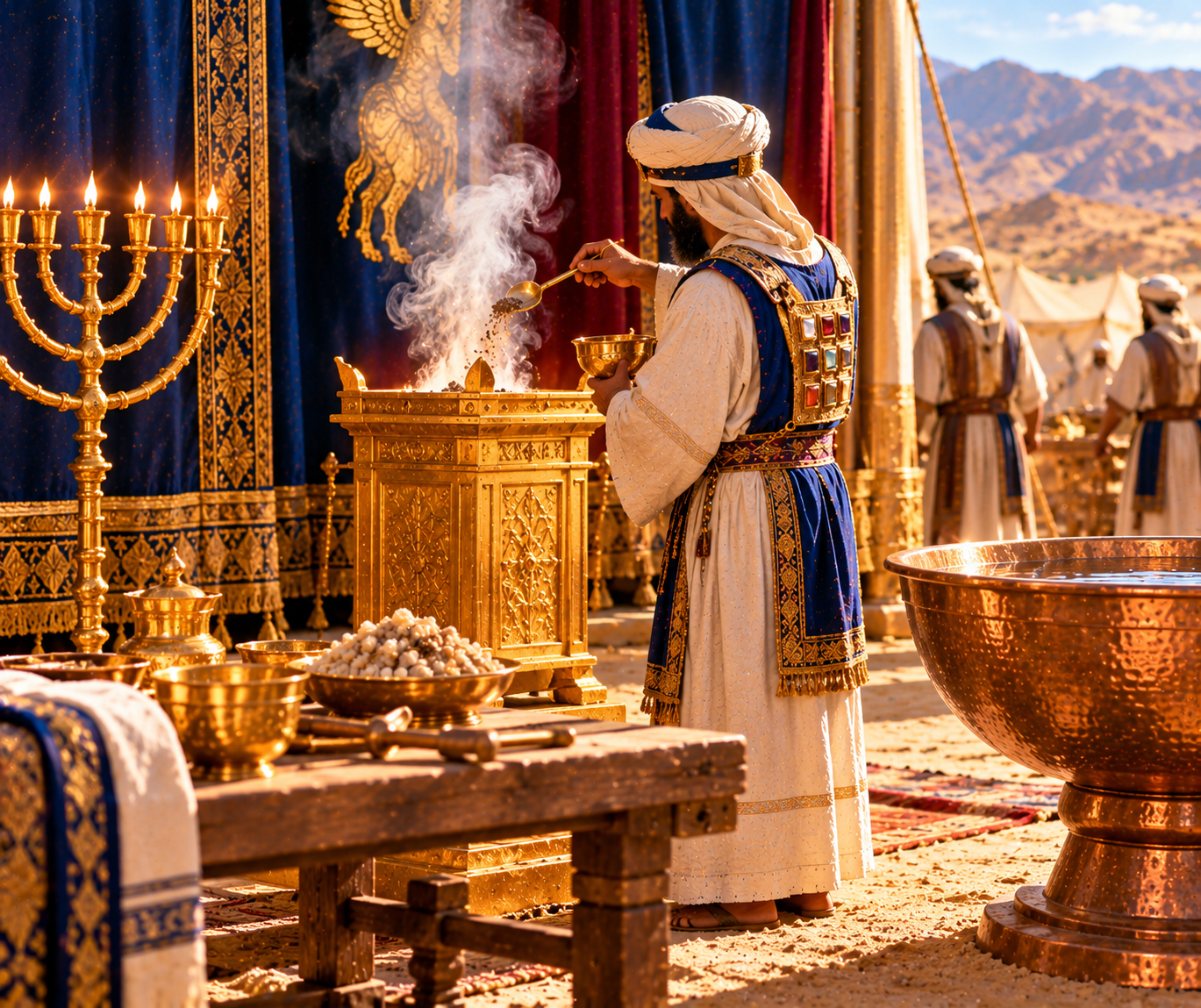 A priest tends a smoking incense altar beside a golden lampstand and a large basin at the tabernacle.