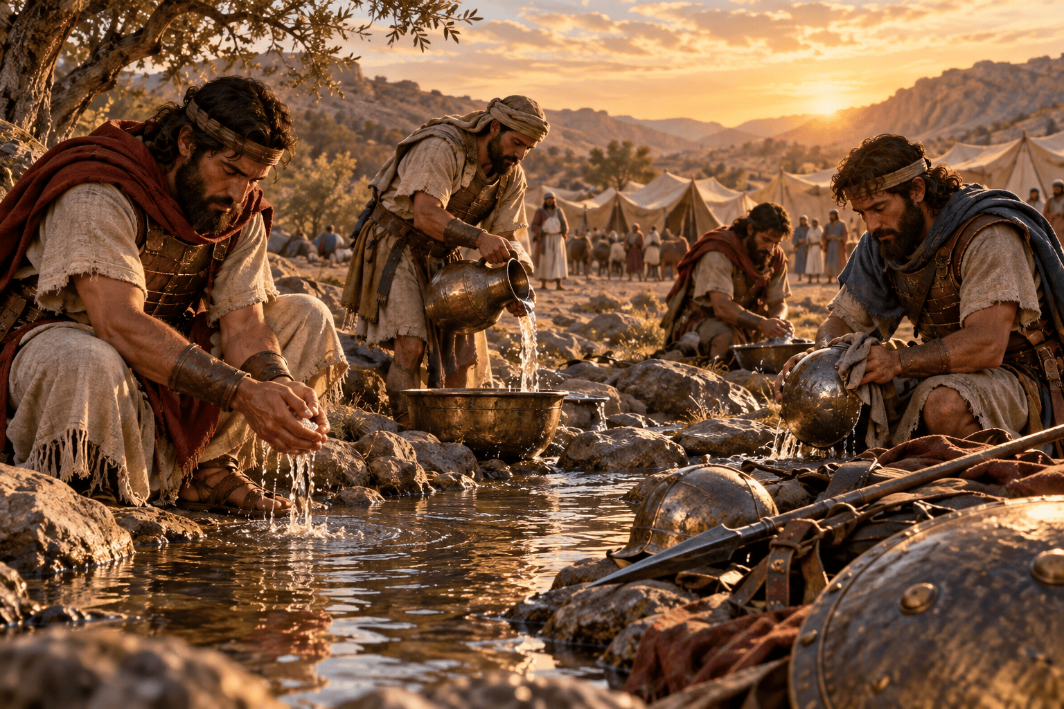 Israelite soldiers wash their hands and metal vessels outside the camp, with weapons set aside beside the water.
