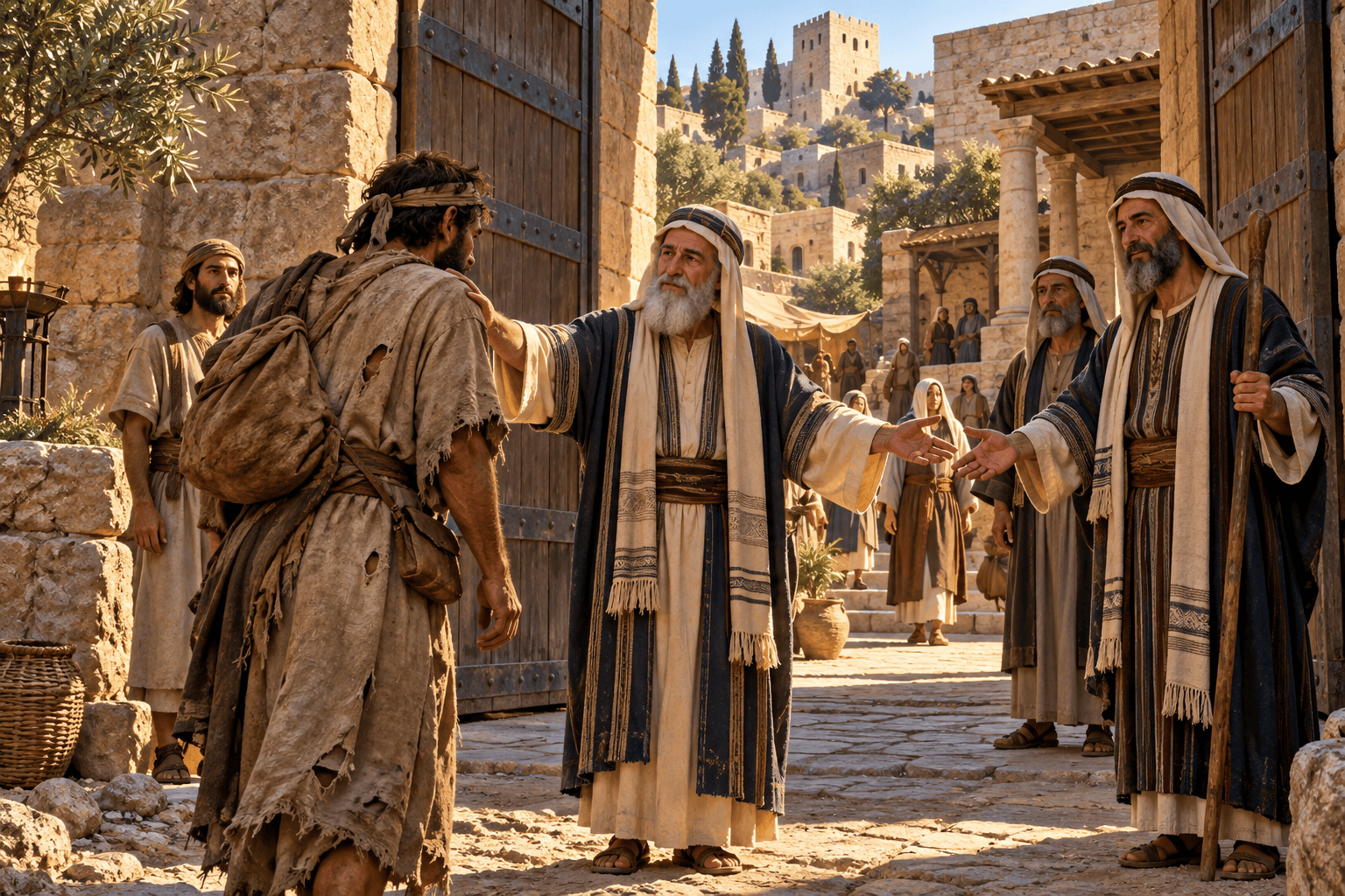 Elders welcome a weary traveler through the open gate of an ancient city of refuge.