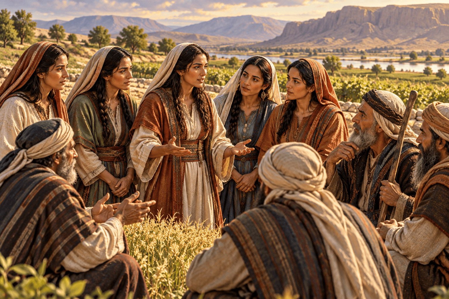 The five daughters of Zelophehad discuss their family inheritance with tribal elders in a field overlooking the Jordan.