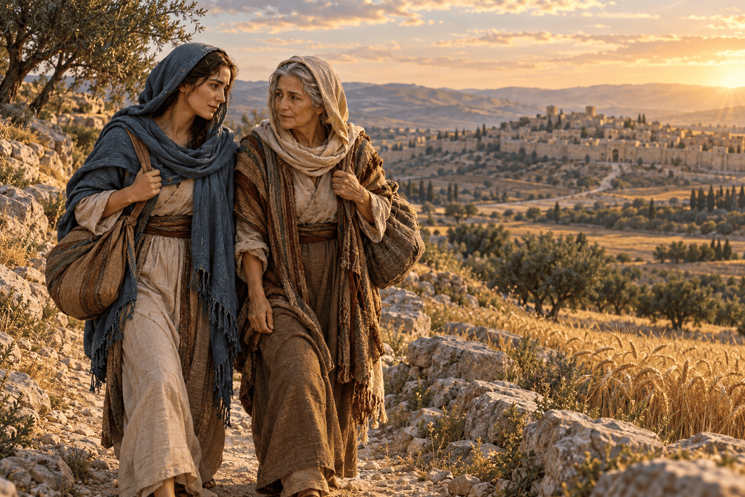 Illustration of Ruth and Naomi walking together along a rocky path toward Bethlehem at sunset.