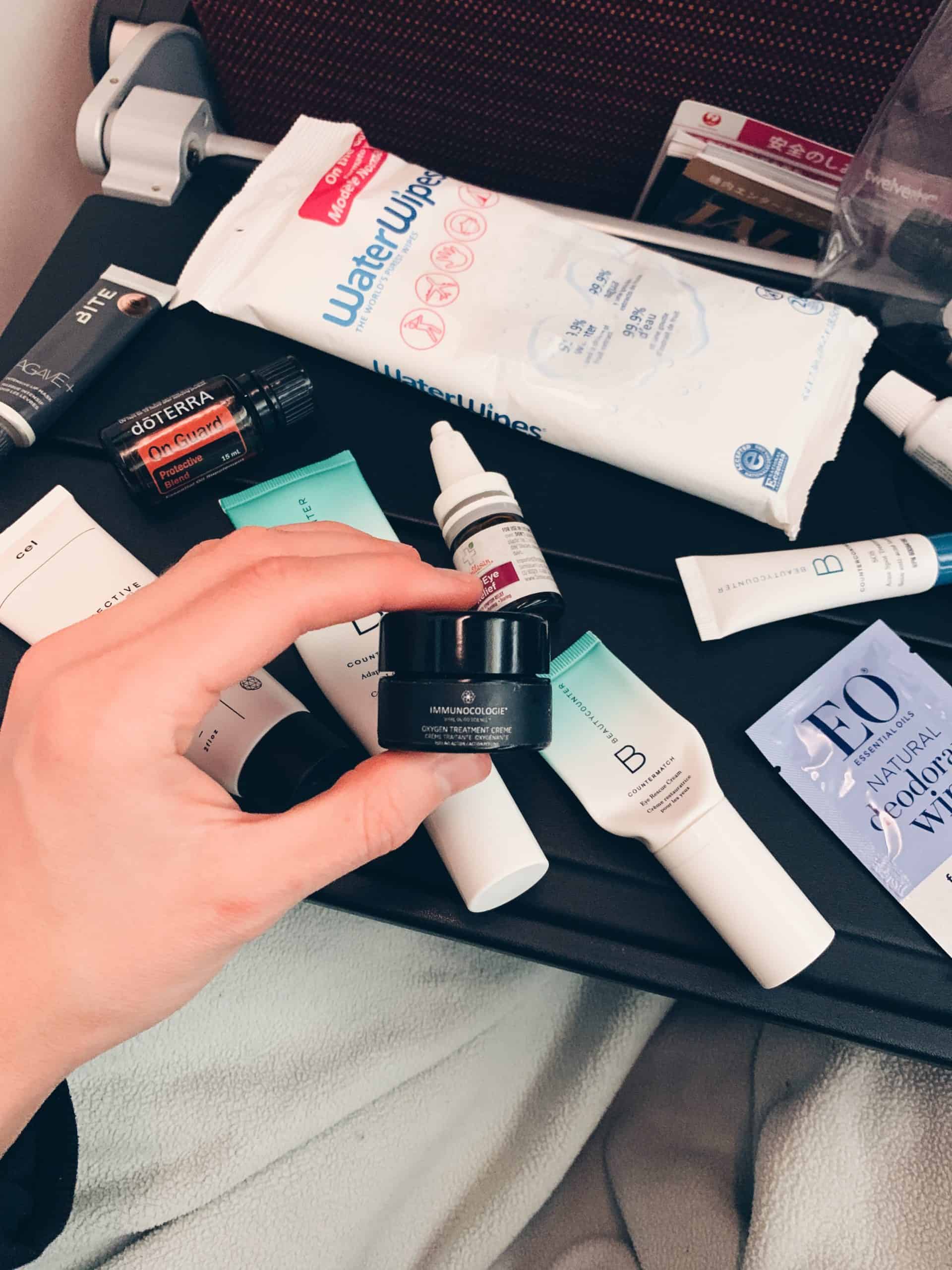 Sharing my international in-flight skincare routine & beauty essentials to survive a long haul flight, prevent airplane acne, skin dehydration, & more!