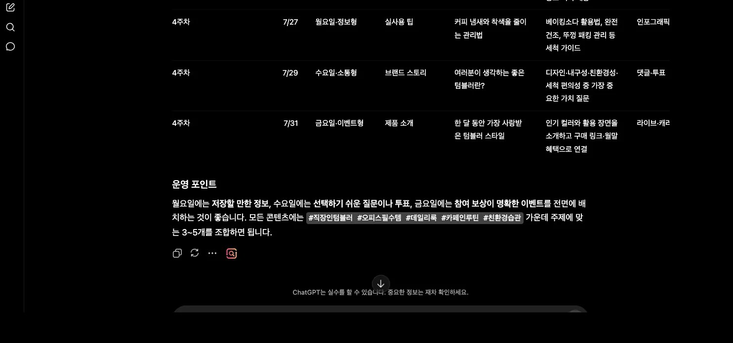 캘린더 표 하단의 4주차 항목과 운영 포인트