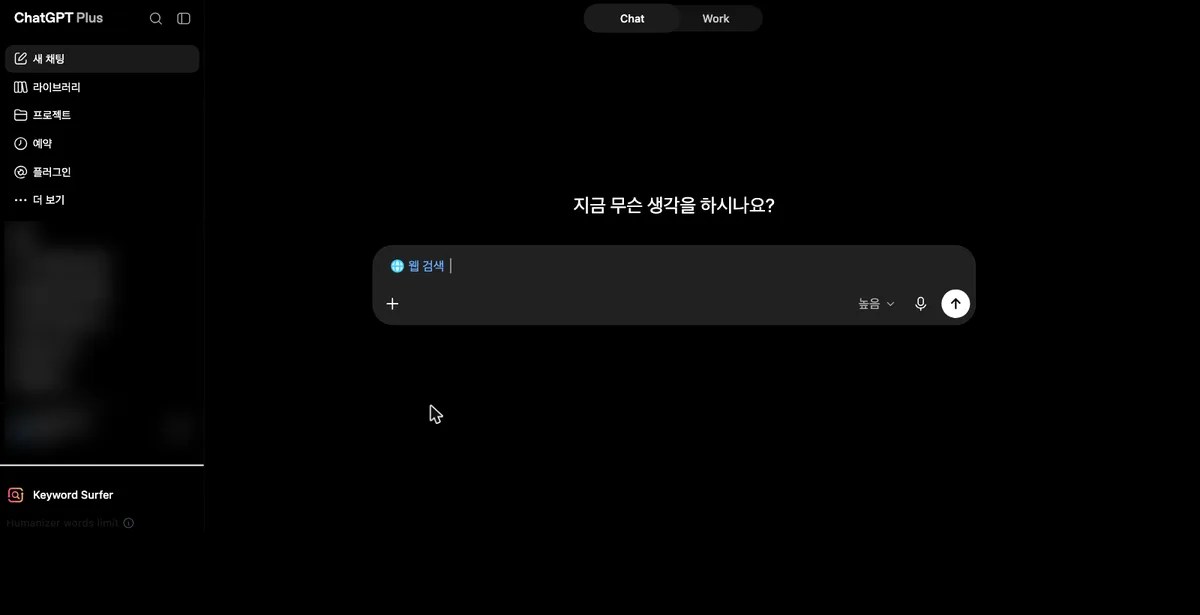 새 채팅 입력창에 파란 '웹 검색' 표시가 붙은 화면