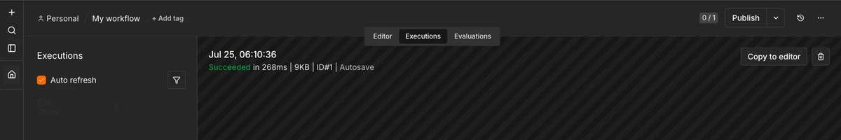 Executions 탭의 실행 기록 — Succeeded in 268ms, 9KB, ID#1
