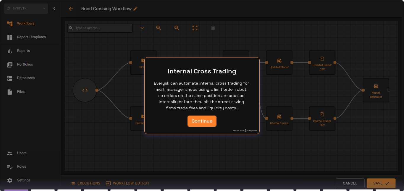 Everysk’s internal trade crossing workflow showing automated trade reconciliation and optimization for capital markets.
