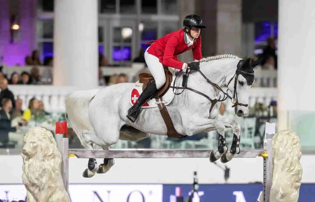 FEI agree multi-year partnership with Warner Bros. image of Martin Fuchs from Switzerland jumping Leone Jei during Longines League of Nations™ in Ocala USA on 23 March 2024. ©FEI/Richard Juilliart