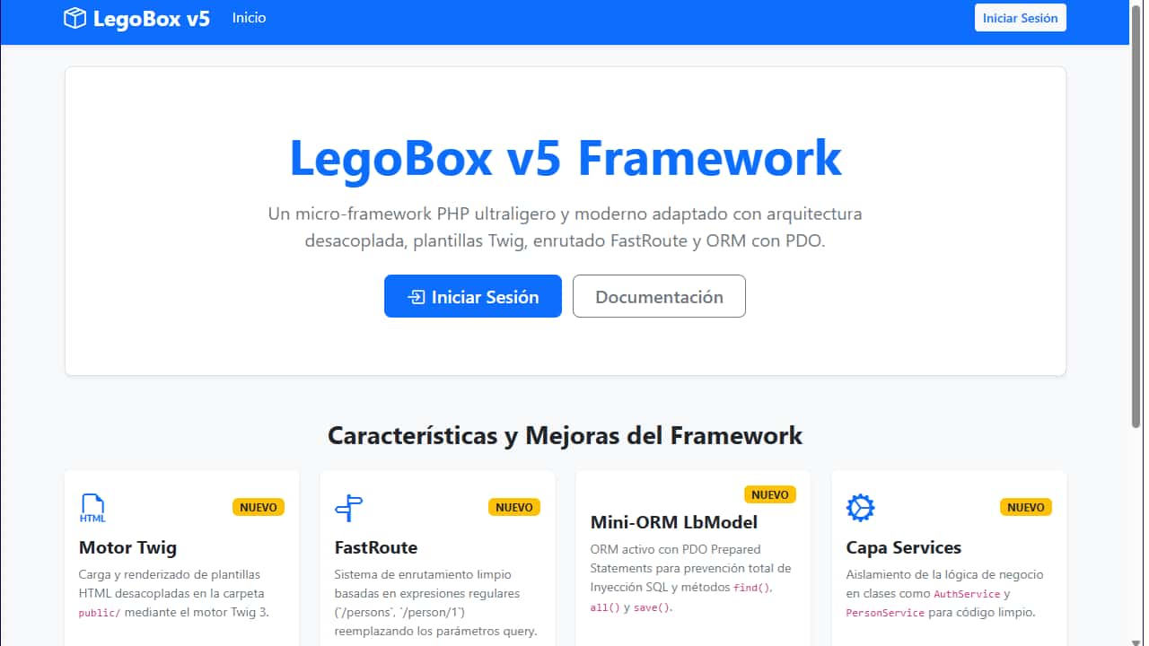 Pantalla de Inicio de LegoBox micro-Framework MVC