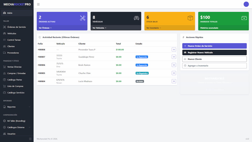 Pantalla de inicio o Dashboard del Sistema MechaRocket Pro para Taller Mecanico