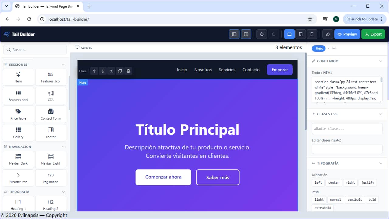 Vista del constructor de paginas Web Tail Builder