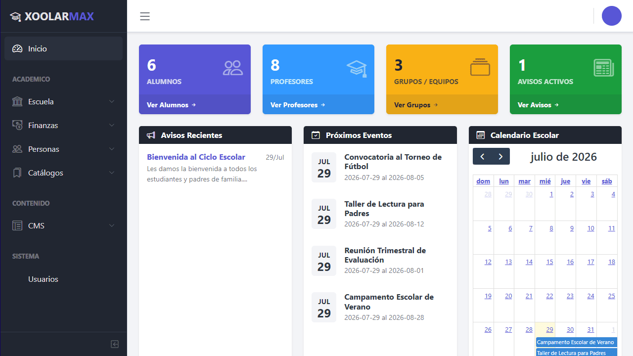 Dashboard o Resumen inicial del Sistema de Gestion Escolar Xoolar Max