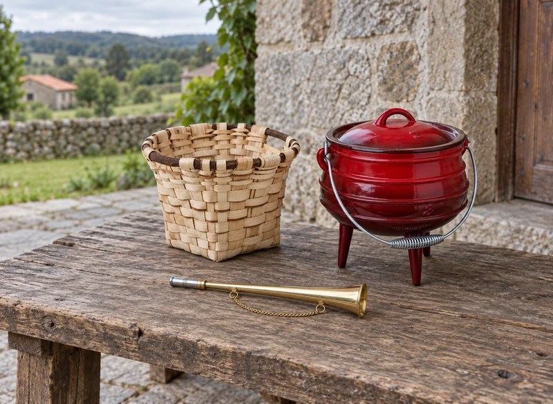 Cesto de madera, pote rojo de tres patas y corneta de latón sobre una mesa en un entorno rural.
