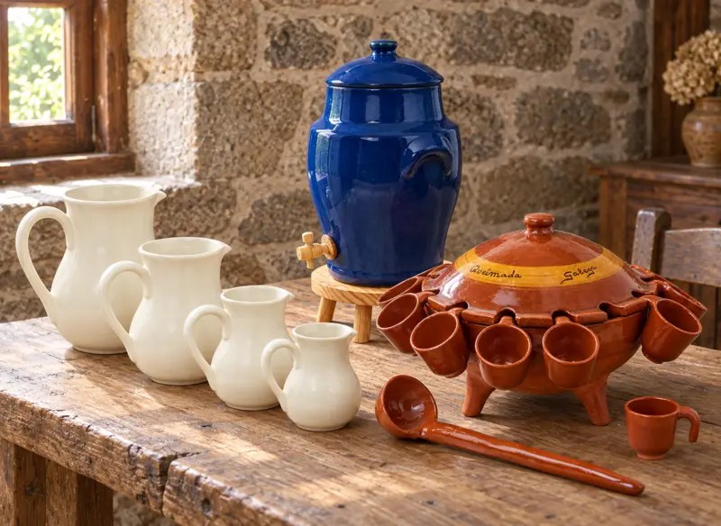 Jarras de gres, vinagrera azul y juego de queimada de barro.