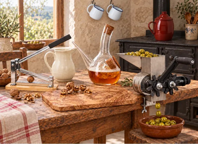 Cocina rústica con rajadora de aceitunas, porrón con cerveza y hielo, tabla de olivo, cascanueces, jarra de gres y menaje esmaltado.