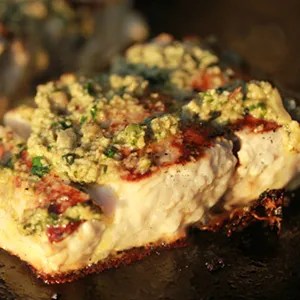 Grilled Mahi-Mahi with Walnut, Cilantro & Basil Pesto