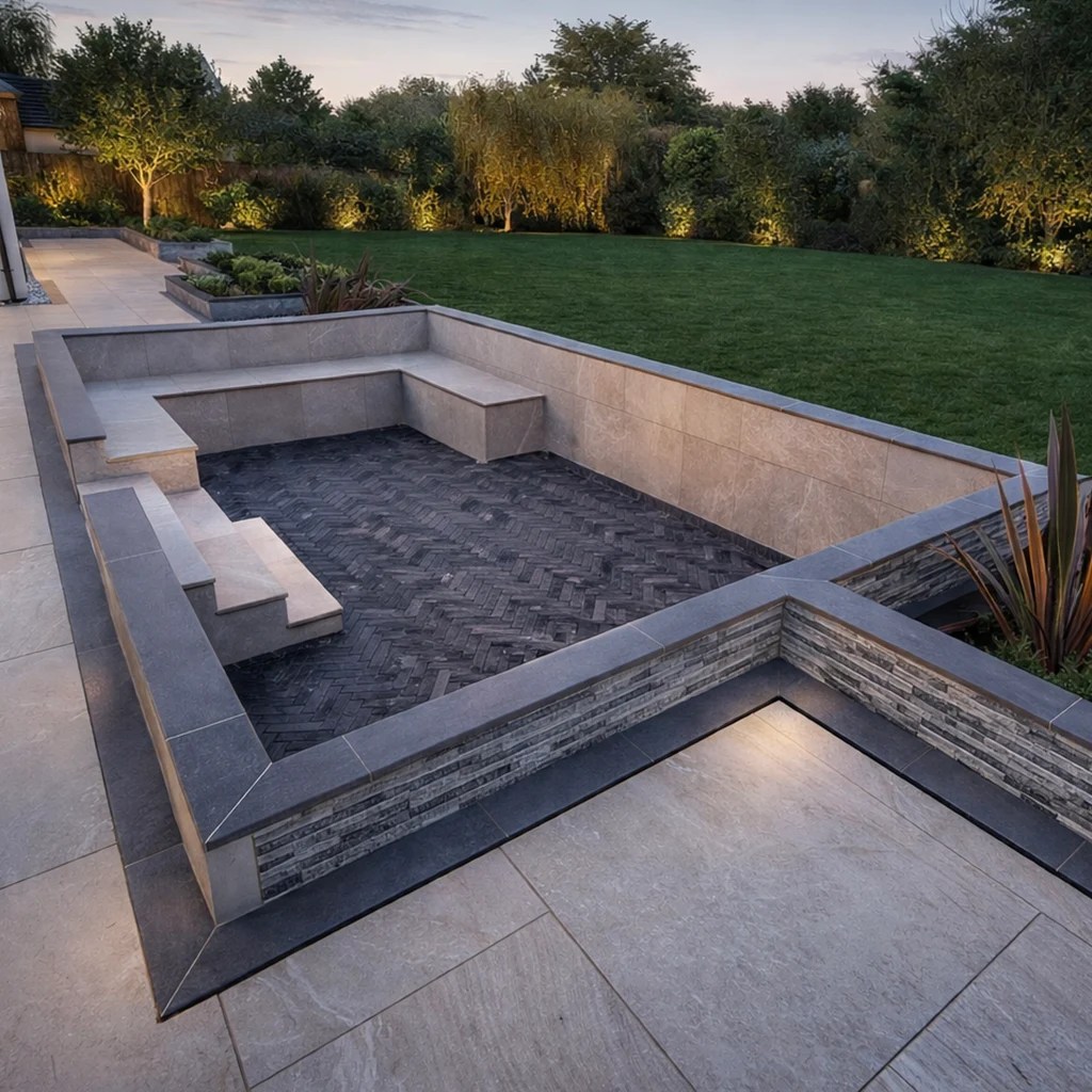A computer rendered photo of a tiled sunken seating area with a large lawn in the background.