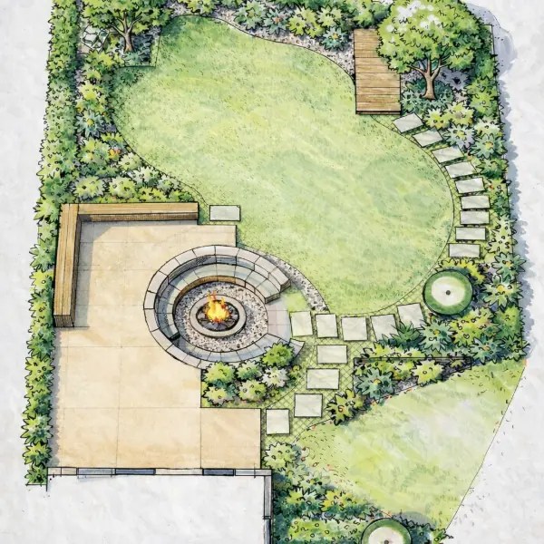 Garden design plan showing planting beds and rectangular patio and circular sunken seating area.