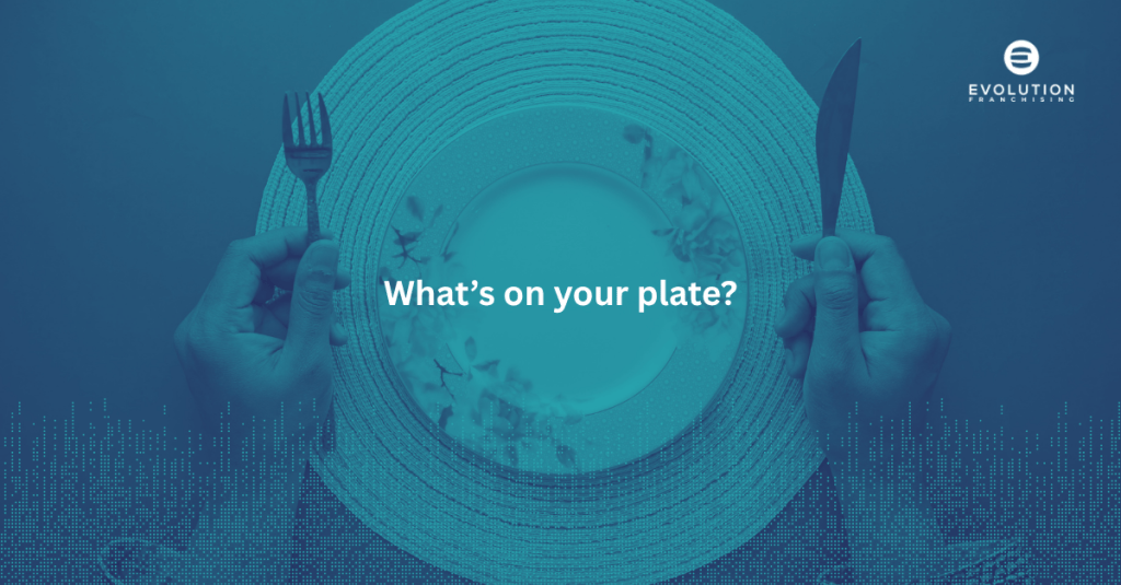 A pair of hands holding a knife and fork above a decorative empty plate with the text 'What’s on your plate?' overlayed.