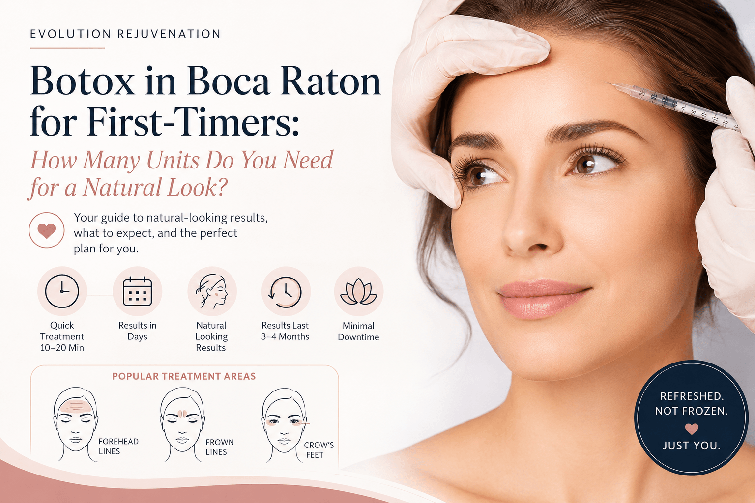Banner for Botox in Boca Raton aimed at first-timers; left side lists benefits with five icons, right shows a clinician applying a syringe to a woman's forehead.