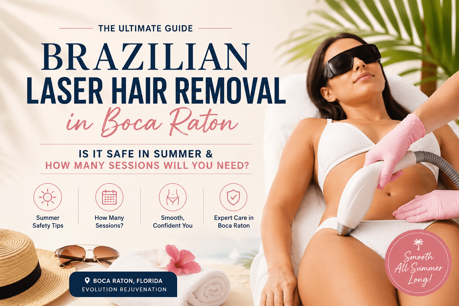 Promotional banner for Brazilian laser hair removal in Boca Raton; a woman in a white bikini receives laser treatment while wearing protective goggles on a beachy backdrop.